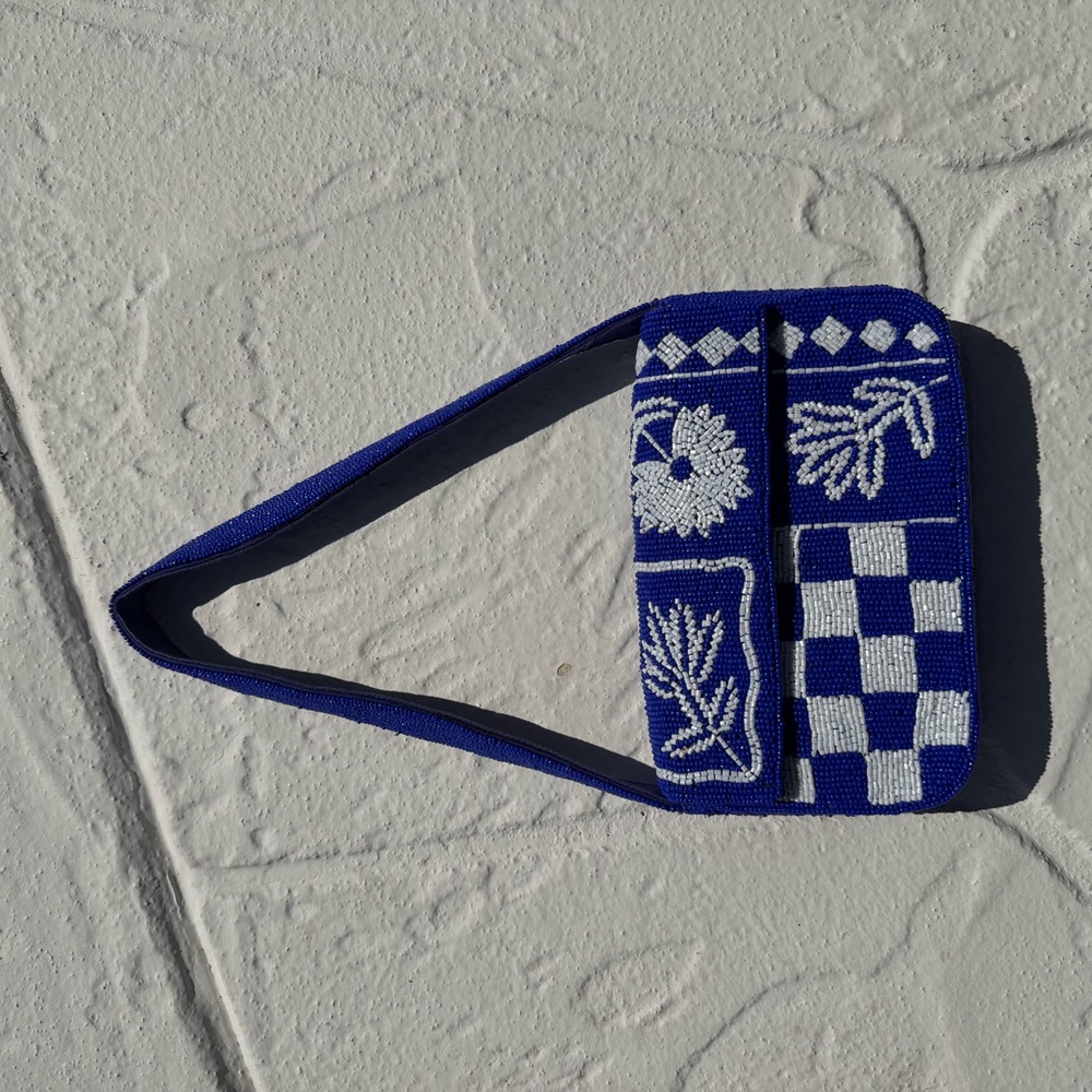 Anthropologie Blue and White Beaded Shoulder Bag